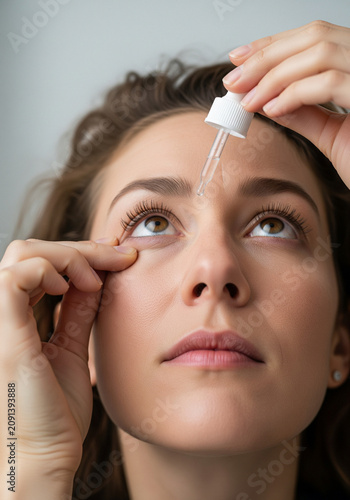 Precise Moment of Applying Eye Drops, Close-Up of Self-Care in Action, Clean and Reassuring Medical Photography