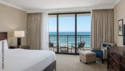 Ocean View Hotel Room With Modern Furniture and Natural Light in Daytime