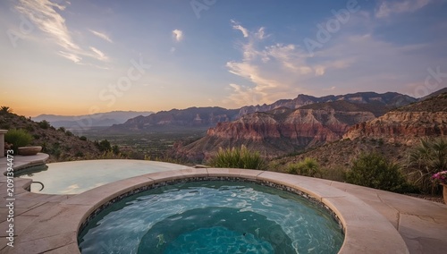Sunset View Over Mountain Landscape With Hot Tub Beside Pool in Zion National...