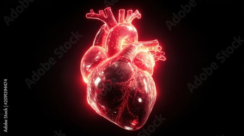 A glowing red heart with arteries is shown in a dark environment.