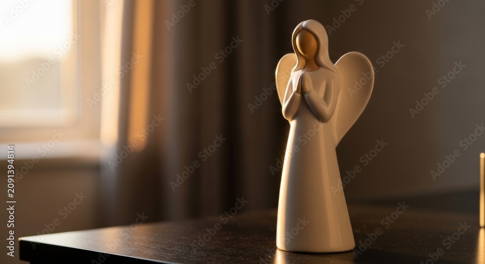 Obraz premium Minimalist white ceramic angel figurine with hands clasped in prayer on a dark polished table, bathed in soft morning light.