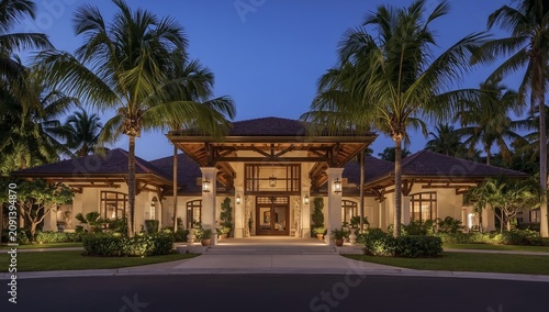 Elegant House at Dusk Surrounded by Palm Trees and Tropical Plants in a Quiet...