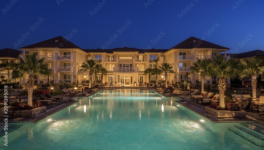 Fototapeta premium Luxury Hotel With Pool and Palm Trees at Dusk in a Tropical Location
