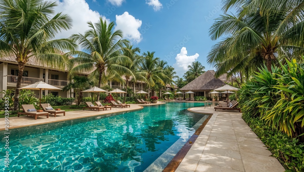 Fototapeta premium Resort Pool Area With Palm Trees and Lounge Chairs During Sunny Day at Tropical Location