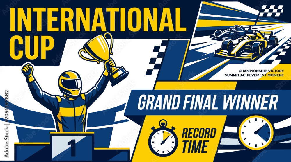Obraz premium International Cup Grand Final Winner Champion Holds Trophy Celebrate Victory On Podium With Racing