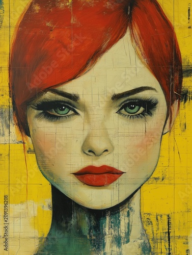 Close-up portrait painting of a woman with red hair, green eyes, and red lips on a yellow textured background.