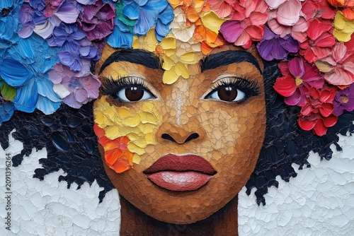 Close-up portrait of a Black woman with colorful flower headpiece and face decoration, looking at camera against a white background.