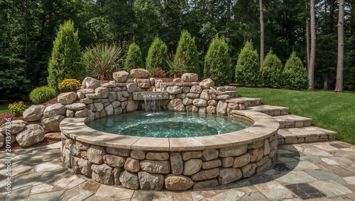Water Feature With Stones in a Garden With Trees and Flowers During Daylight