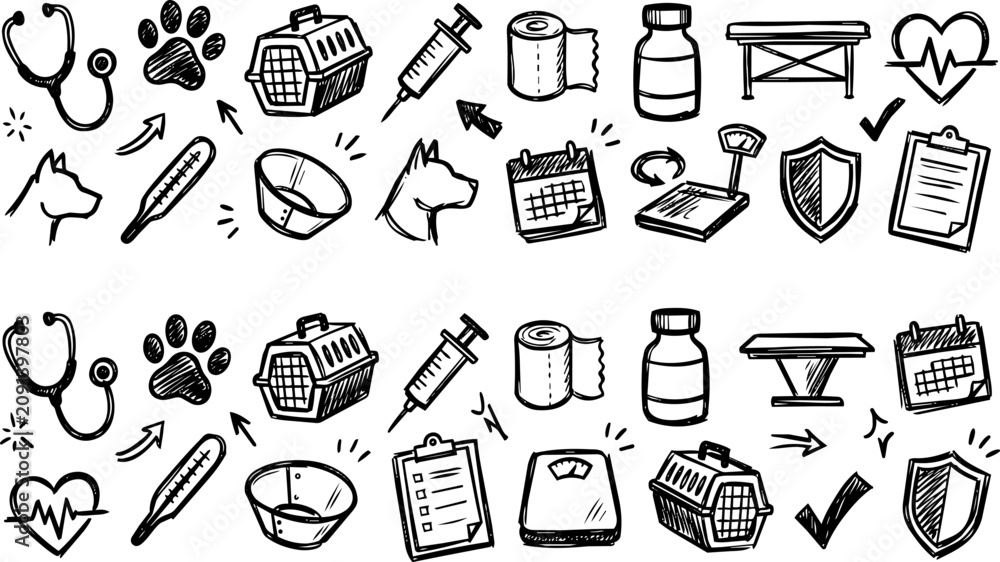 Fototapeta premium Hand Drawn Veterinary Pet Care Doodle Icons Set