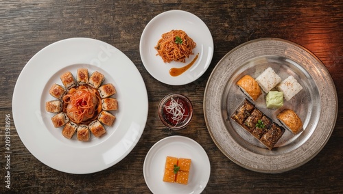 Dishes Served on Plates at a Restaurant With Various Types of Food During Lun...