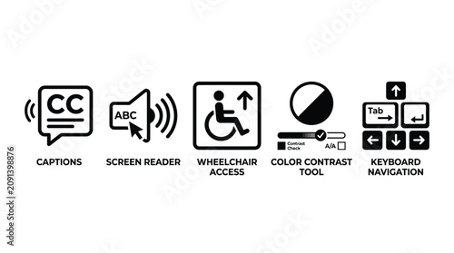 Set of black vector icons representing digital accessibility features for web design and user interface development on white background surfaces