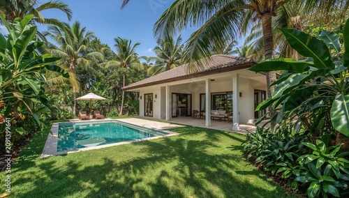Outdoor Area With Pool and Palm Trees Near Tropical Villas in a Sunny Location