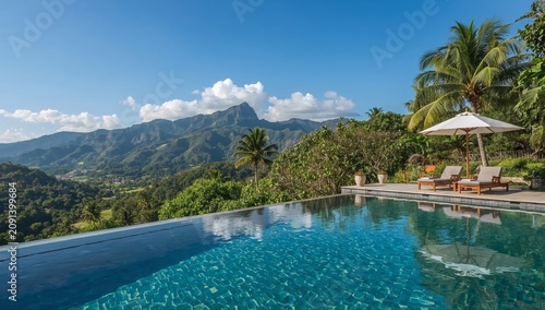 View of Mountains and Valley From Pool on Sunny Day in a Tropical Location