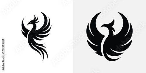 Fotografie Two black phoenix bird silhouettes with spread wings representing rebirth and fi