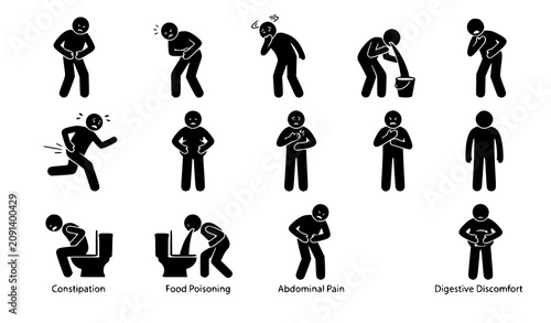Schilderij op canvas Gastrointestinal Illness Symptoms Black Silhouette Vector Icon Set for Healthcar