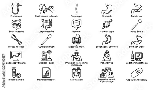 Bild auf Leinwand Digestive Healthcare Endoscopy Vector Line Icon Pack for Medical Applications