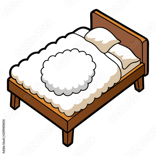 Tableau sur toile Cartoon Wooden Bed Illustration with Blanket and Pillows