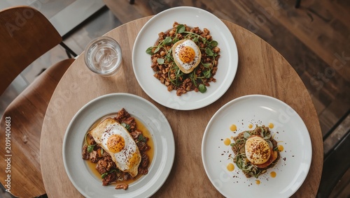 Brunch Dishes Served on a Wooden Table in a Cozy Cafe Setting