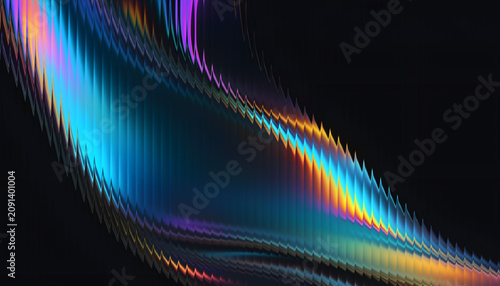 Vibrant digital abstract art featuring flowing waves of neon blue purple and warm orange light textures creating a dynamic motion effect on a dark background.
