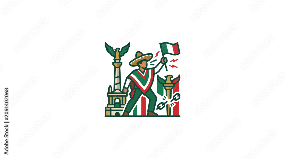 Obraz premium Man in traditional attire holding tricolor flag near freedom monument illustration