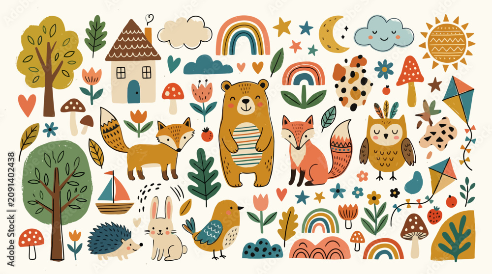 Naklejka premium Cute forest animal and nature doodle clipart set for children.