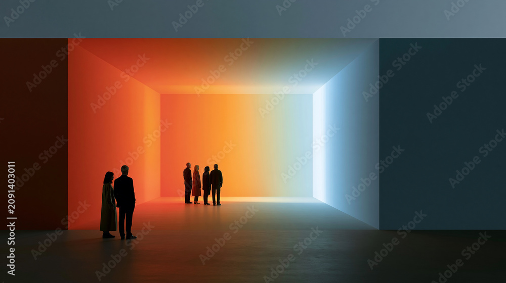 Fototapeta premium Group exploring a colorful immersive digital installation space with glowing gradient walls, tech art and futuristic visuals concept, with copy space