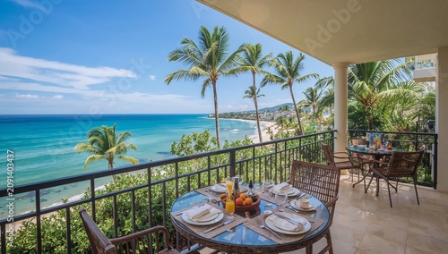Dining With Ocean View at a Balcony During Bright Day With Palm Trees Around