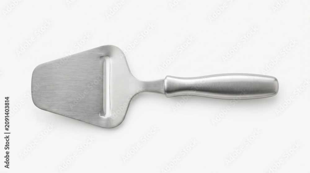Fototapeta premium Close-up of stainless steel cheese plane with wooden handle on white background