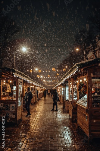 Snow Falls on a Busy Market Street During Night With Stalls and Lights