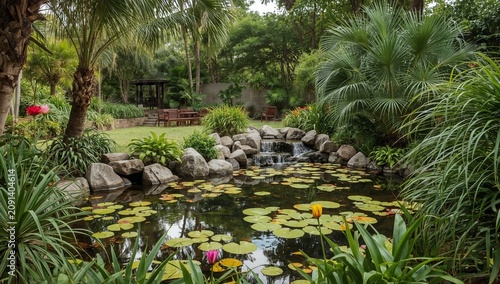 Water Features and Plant Life Create a Scene in a Garden During Daytime
