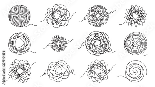 Photos Black yarn ball tangled line and spiral circle illustration set