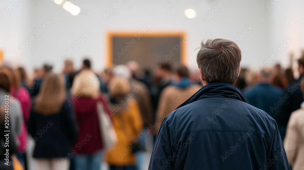 Fototapeta premium Group of people at an exhibition in an art gallery, back view, cultural gathering concept, with copy space