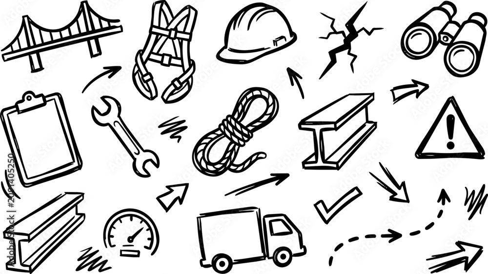 Fototapeta premium Hand Drawn Construction Engineering Safety Doodle Icons Set