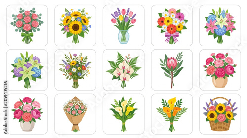 Bild auf Leinwand Clean Colorful Floral Bouquets Collection of 15 Beautiful Hand Drawn Flower Arra