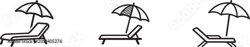 Fotografi Beach lounge chair and umbrella icon set featuring sunbed, resort, vacation, summer and travel symbols