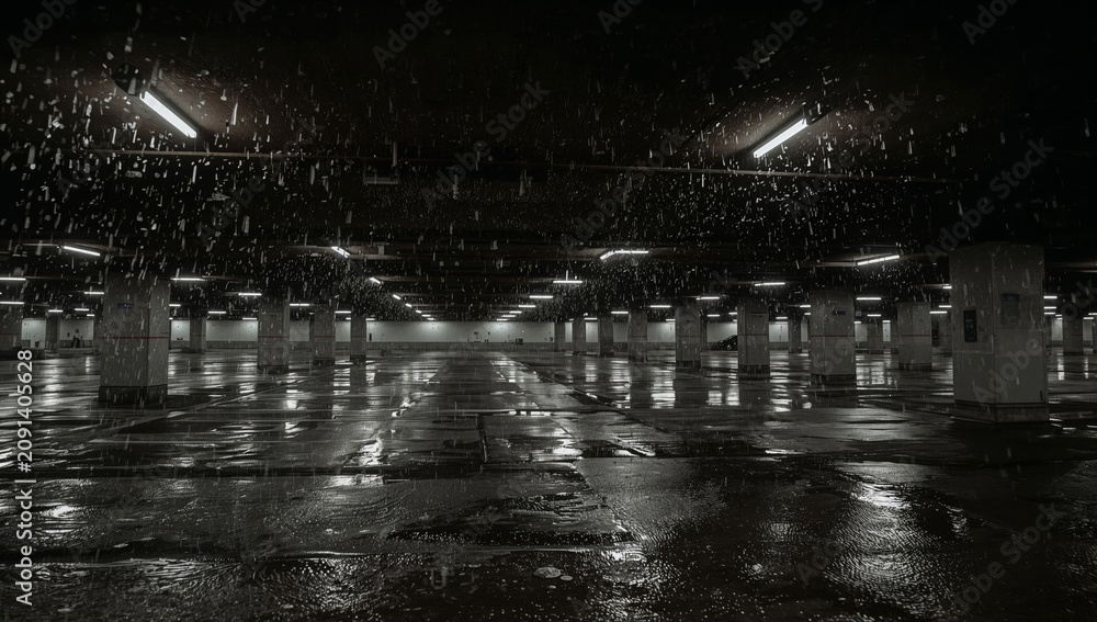 Obraz premium Rain Falls in Empty Parking Garage During Evening Hours