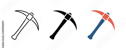 Принти на полотні Pickaxe tool icons showing outline, solid black, and flat colored styles for excavation, mining industry, heavy tools, engineering concepts, and vector illustration