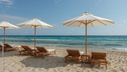 Beach Chairs and Umbrellas Lined up by the Ocean During a Sunny Day