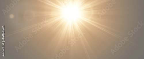 Bright midday sun rays from top with cinematic lens flare bokeh overlay
