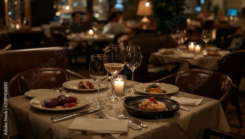Dinner Setup With Food and Drinks at a Restaurant in the Evening
