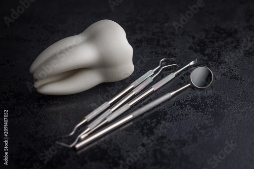 Dental Tooth Model With Stainless Steel Dental Tools and Mirror on Dark Background for Dentistry