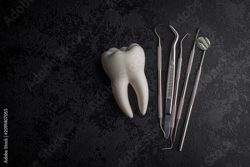 Dental Tooth Model With Stainless Steel Dental Tools and Mirror on Dark Background for Dentistry
