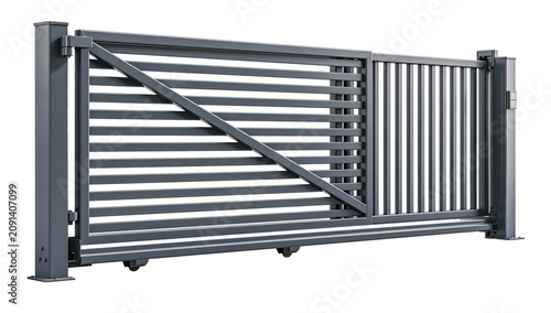 Gray sliding driveway gate with fence panels on transparent background
