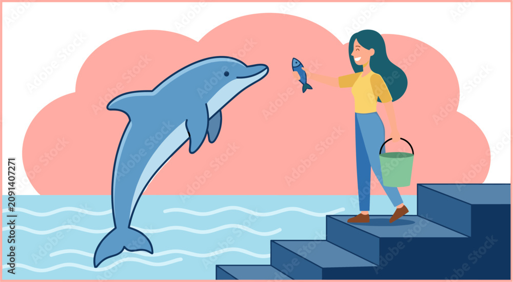 Naklejka premium Woman Feeding Dolphin at Aquarium Pool Vector Illustration for Marine Education