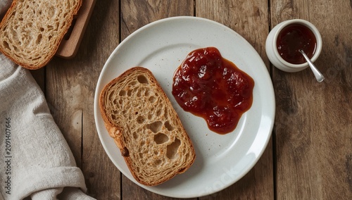 Bread With Jam on a Plate With a Spoon Beside It in a Simple Setting