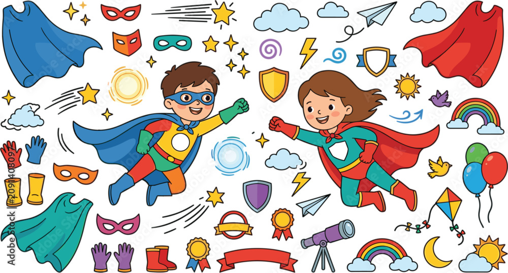 Fototapeta premium Cute superhero kids flying in capes and masks vector element collection with shields stars clouds and comic book style doodles