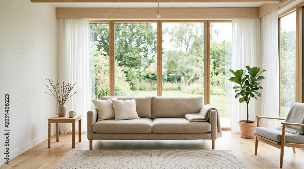 Fototapeta premium Bright minimalist living room with beige sofa, wooden floors, large garden windows, sheer curtains, and potted plant, ideal for home decor and interior design promotions.