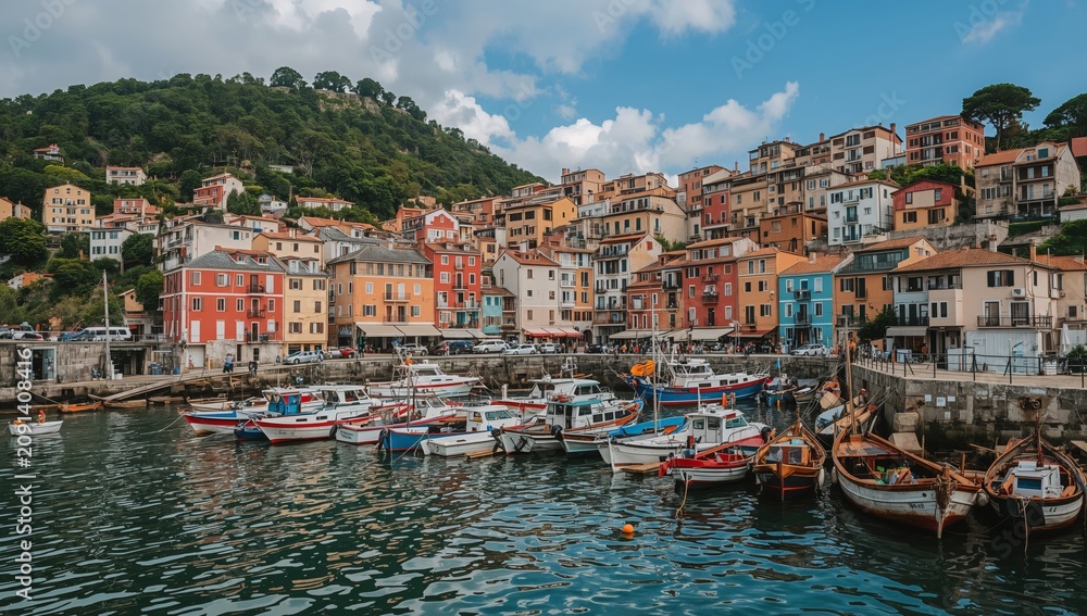 Fototapeta premium Colorful Homes Sit Along the Shore Near Boats in a Small Harbor at Midday