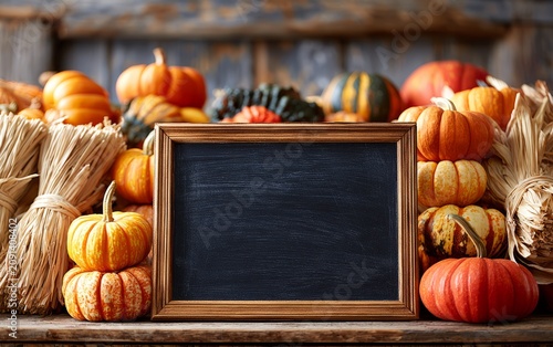 Blank Chalkboard Sign Surrounded by Colorful Pumpkins in Countryside