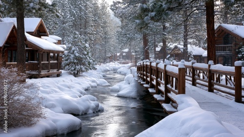 Narrow Wooden Bridge Crossing a Frozen Stream in Winter Landscape